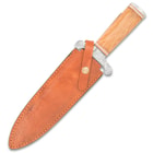 The attractive 14 1/2” overall fixed blade knife slides into a premium leather belt sheath for ease of carry and storage