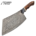 Timber Wolf Cleaver Butcher Knife II - Damascus Steel Blade, Full-Tang, Wooden Handle, Brass Pins - Length 13 3/4”