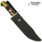 Timber Wolf's Limited Edition Vietnam Veteran Bowie Knife can be stored and carried in its premium leather belt sheath