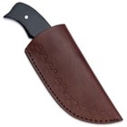 The 7 1/2” overall fixed blade knife can be carried and stored in a premium leather belt sheath