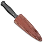 The 9” overall dagger can be conveniently carried at your side and stored in its genuine leather belt sheath