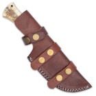 The 10” overall fixed blade can be stored and carried in its genuine leather belt sheath, secured with brass snaps