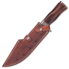 Timber Wolf Mountaineer Damascus Fixed Blade Knife With Leather Sheath - Damascus Steel Blade, Pommel And Guard - Wooden Handle, Brass Accents - Length 14 1/4”