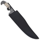 The 17” overall machete slides smoothly into a black, premium leather belt sheath with a neck strap and snap closure
