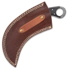 The 9” knife can be housed in its premium leather belt sheath.