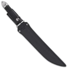 The 16 3/4” overall fixed blade can be carried and stored in its premium, black leather belt sheath