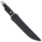 The 16 3/4" overall fixed blade can be carried and stored in its premium, black leather belt sheath