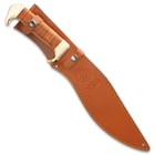 USMC Stacked Leather Handle Kukri Knife - Stainless Steel Blade, Stacked Leather Handle, Brass Pommel - Length 16 1/2”