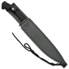 The tactical toothpick is 18 3/4” in overall length and it comes housed in a premium, reinforced genuine leather belt sheath