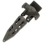 The 7 3/8” overall push dagger fits securely in a tough Vortec belt sheath so that its readily available when needed
