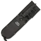 The 12 7/8” overall trench knife can be carried and stored in its tough nylon belt sheath with a lanyard cord for lashing