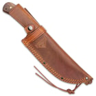 The 13 1/4” overall butcher bowie knife can be carried and stored in its genuine leather belt sheath with snap strap closure