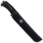 The 18” overall machete can be carried and stored in a tough nylon belt sheath