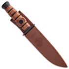 The 14 1/4” overall, survival machete can be stored and carried comfortably in its embossed, premium leather belt sheath
