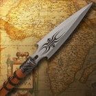 The blade of the spear has an intricate black design. 