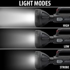 This image shows the three different light modes of the flashlight: high, low, and strobe.