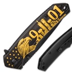 9/11 Remembrance Assisted Opening Pocket Knife / Folder - 420 Stainless Steel  Exclusive Design, Black / Gold - Everyday Carry EDC Display Collectible Gift - World Trade Center Twin Towers New York