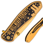 We Will Never Forget 9/11 Tribute Assisted Opening Pocket Knife / Folder - 420 Stainless Steel, Gold Finish - Everyday Carry, Display, Collectible, Gift - World Trade Center Twin Towers New York NYC