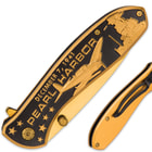 Pearl Harbor Collectible Assisted Opening Pocket Knife / Folder - 420 Stainless Steel, Gold Finish - Everyday Carry, Display, Gift - World War II WWII Fighter Plane Battleship Veterans Military
