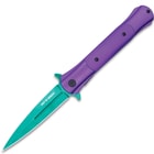 A side view of the green and purple stiletto