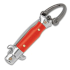 The Red Fratellino Keychain Stiletto is shown closed with keychain attachment for easy attachment anywhere.