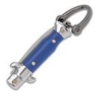 The Blue Fratellino Keychain Stiletto is shown closed with keychain attachment for easy attachment anywhere.