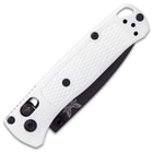 The 3 7/10” handle is made of white Grivory and features a mini, deep-carry reversible pocket clip and a lanyard hole