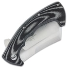 The pocket knife has a bead-blasted stainless steel pocket clip and is 5”, when closed, and it is 8 7/8” in overall length