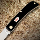 A red and white kissing crane shield can be found on the pocket knife’s black synthetic handle.