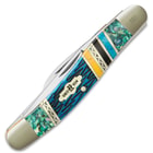 Kissing Crane Bahama Blue Stockman Pocket Knife - 440 Stainless Steel Blades, Genuine Abalone, Bone Handle, Brass Liners, Polished Bolsters, Individually Serialized