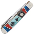 The handle is crafted of genuine bone with “Danger Zone” etched on it, accented with coral stone and brass spacers
