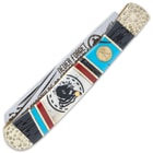 The handle has a white bone panel with a Native American woman carved into it, accented with turquoise and black jigged bone