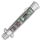 Kriegar Faux Abalone Stiletto Knife - Carbon Steel Blade, Stainless Steel Handle With Resin Inlay, Stainless Steel Bolsters - Closed 4 3/4"
