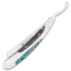 The sleekly curved handle features genuine abalone inlays in decoratively etched handle scales with a polished finish