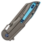 The pocket knife is 4 3/4”, when closed, and it has a sturdy, metallic blue, stainless steel pocket clip for ease of carry