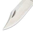 Close up image of the blade on the Automatic Brown Pocket Knife.