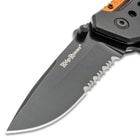 Close up image of the blade of the Assisted EMT Pocket Knife.