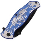 Flaming Skulls Assisted Opening Pocket Knife w/ Blue Aluminum Handle