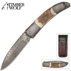 Timber Wolf Genuine Stag Damascus Pocket Knife & Sheath