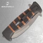 The assisted opening pocket knife is 7”, when closed, and has a sturdy metal pocket clip with “USMC” wire-cut into it