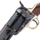 The .44 caliber, black powder pistol has a casehardened steel frame with a 5 1/2” blued barrel and a wooden grip