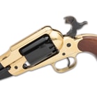 The compact black powder revolver has a brass frame, blued steel cylinder and a 5 1/2” octagonal barrel