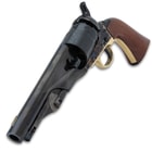 The black powder pistol has a blued barrel with a blade front sight