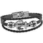Black Leather Anchor Bracelet - Three-strand