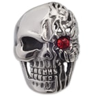 Cyborg Rage Stainless Steel Men's Ring - Half Human, Half Machine Skull with Red Jewel Accent