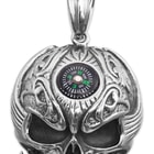 Embellished Compass Skull Pendant on Chain - Stainless Steel Necklace