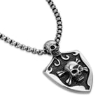 Two-Skulls Shield Pendant on Chain - Stainless Steel Necklace