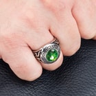 Men’s Greek Key Design And Simulated Green Diamond Ring - Stainless Steel Construction, Intricate Detail, Everyday Wear