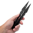 A hand is shown holding the one-piece stainless steel Gladiator Tweezers with black finish.