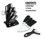 The black knife block is shown next to the knife set and included peeler.
